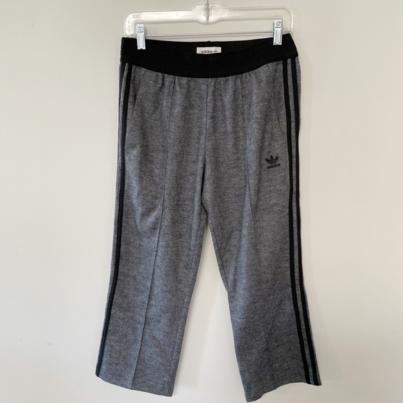 Adidas wool blend cropped joggers grey tweed type fabric 3 stripe - Picture 1 of 6